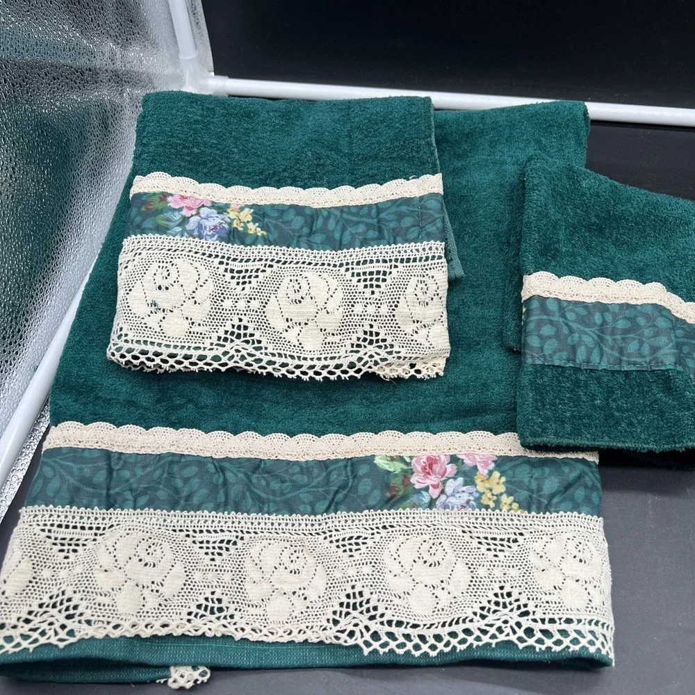 Vintage Green Floral Lace Towel Set Bath Hand Washcloth